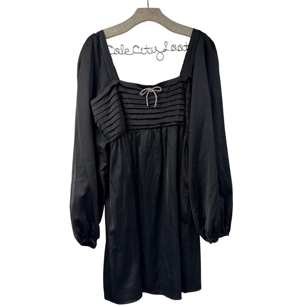 Crystal Doll Square Neck Puff Sleeve Mini Dress Silky Shiny Black Large